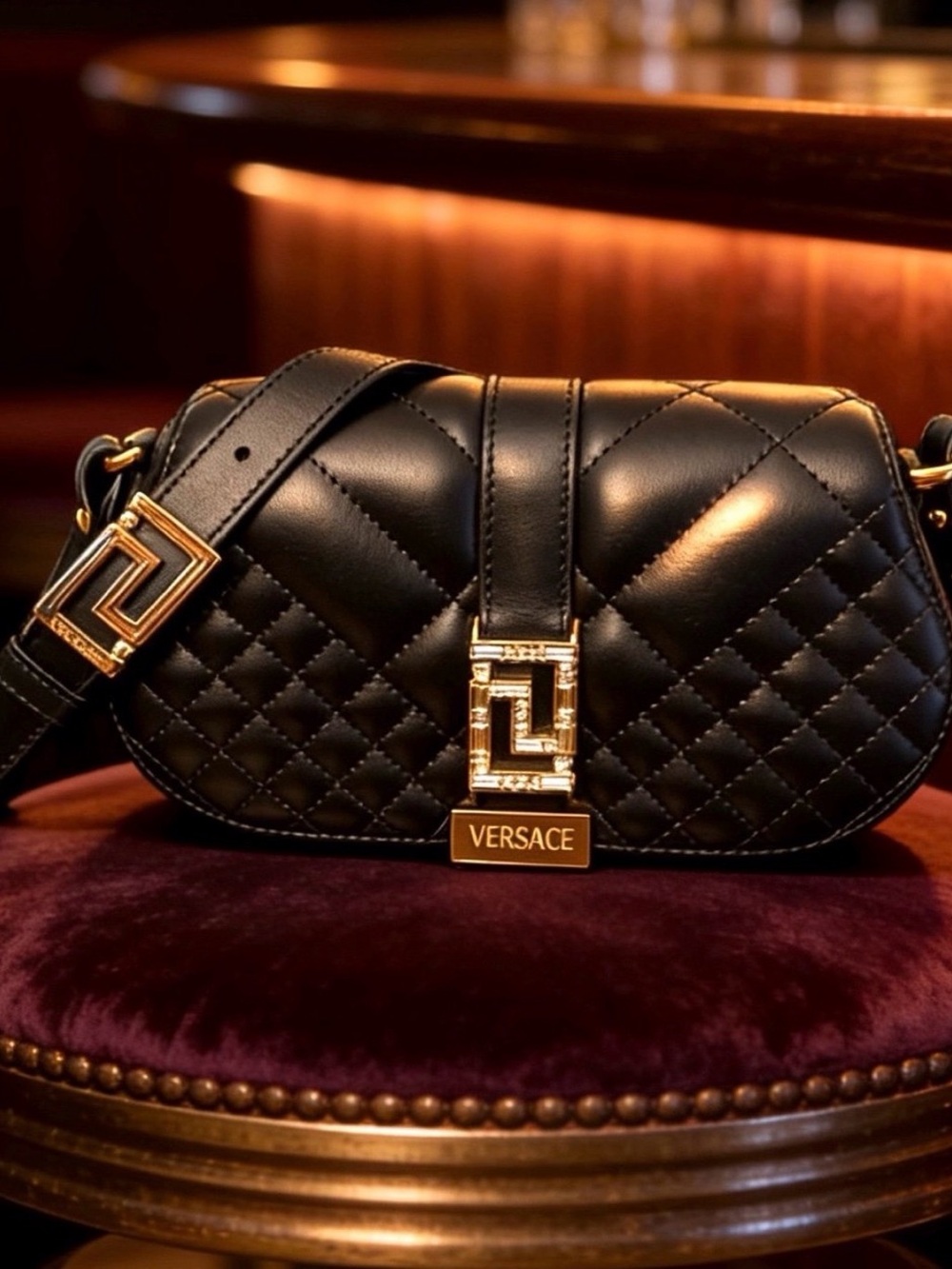 Versace Black Mini Lamb Leather Quilted Shoulder Bag Gold Greca  Authentic Purse